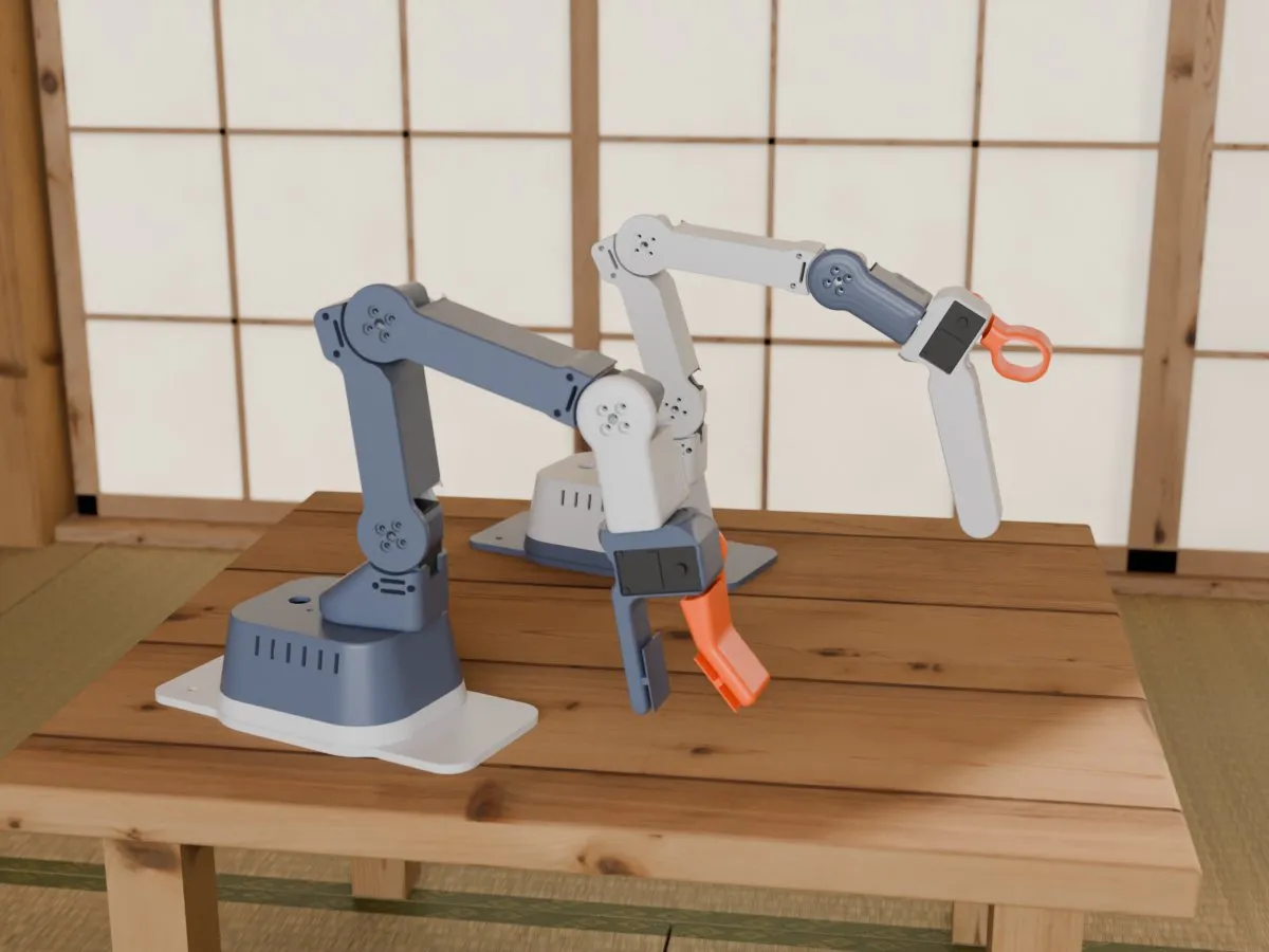 Robot arm pair, follower and leader, room front